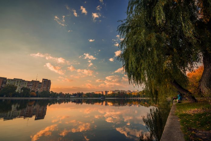 Beautiful morning scene on a cloudy day in a park wih some fishe